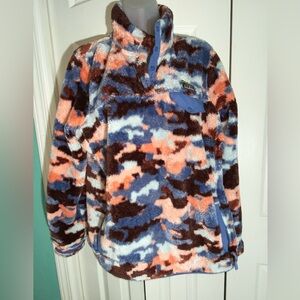 LL Bean High Pile Fleece Pullover Jacket Pink Blue Camo Outdoor Plush L  AA15